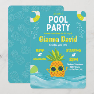Modern Pineapple Pool Party Birthday Summer  Invitation