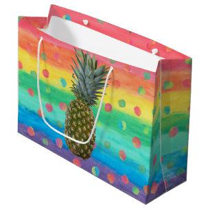Modern Pineapple Watercolor Stripes and Spots Large Gift Bag