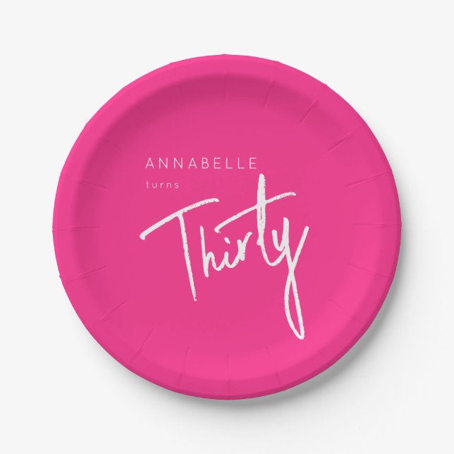 Modern Pink 30th Thirty Thirtieth birthday party Paper Plate (Front)