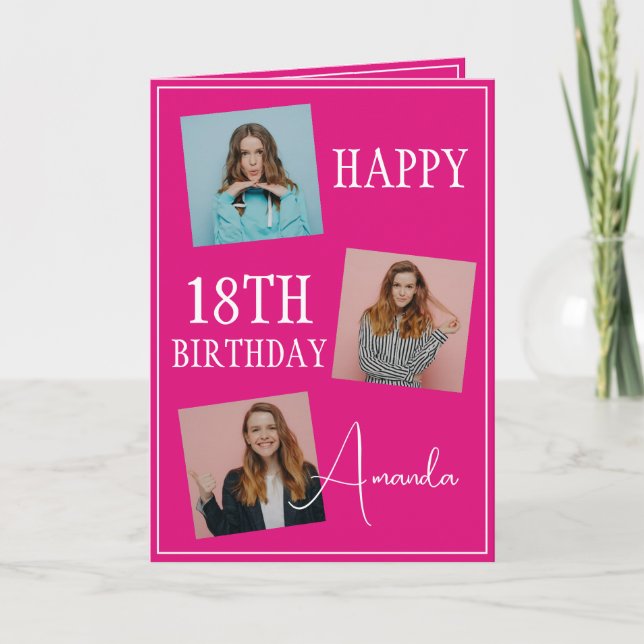 Modern Pink 3 Photo Collage 18th Birthday Card (Front)
