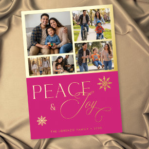 Modern Pink 5 Photo Collage Peace & Joy Foil Holiday Card