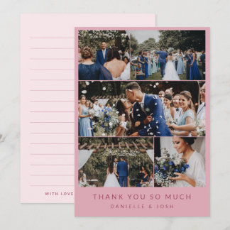 Modern Pink 5 Wedding Photo Collage Thank You Card