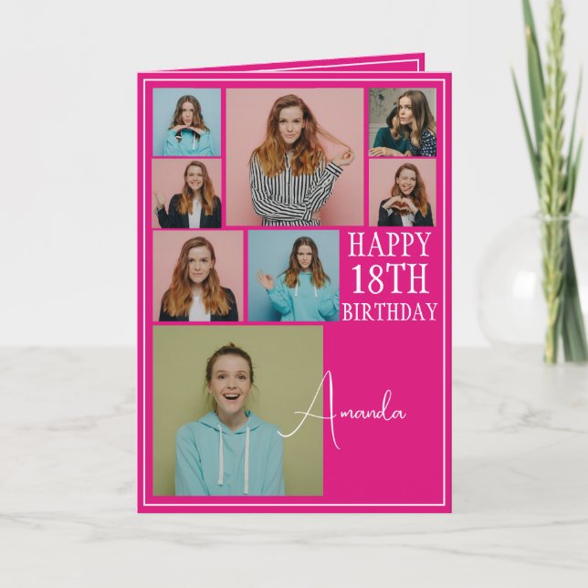 Modern Pink 8 Photo Collage 18th Birthday Card (Front)
