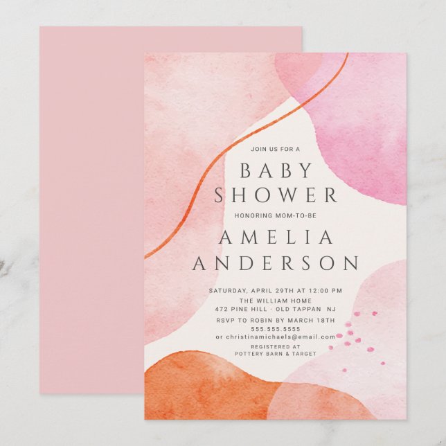 Modern Pink Abstract Shapes Baby Shower Invitation (Front/Back)