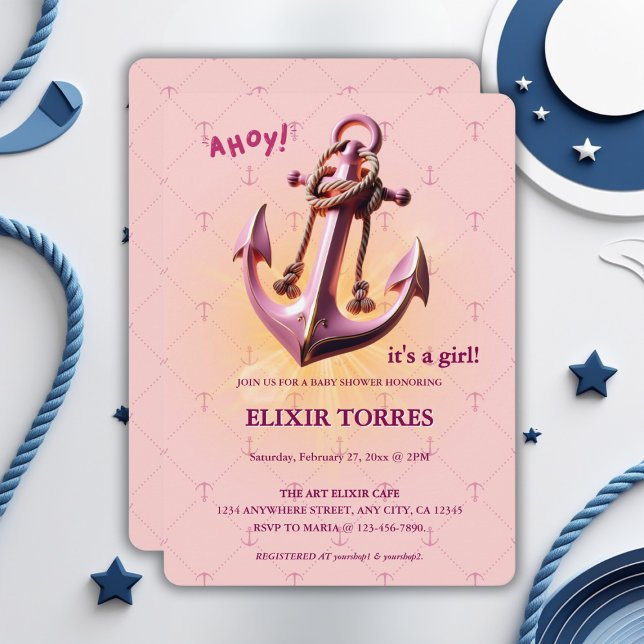 Modern Pink Ahoy! Anchor Nautical Baby Shower Invitation (Creator Uploaded)