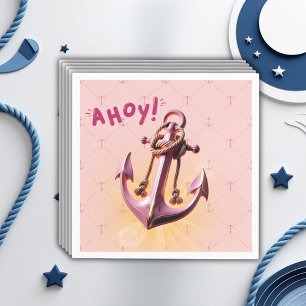 Modern Pink Ahoy! Anchor Nautical Baby Shower Napkin
