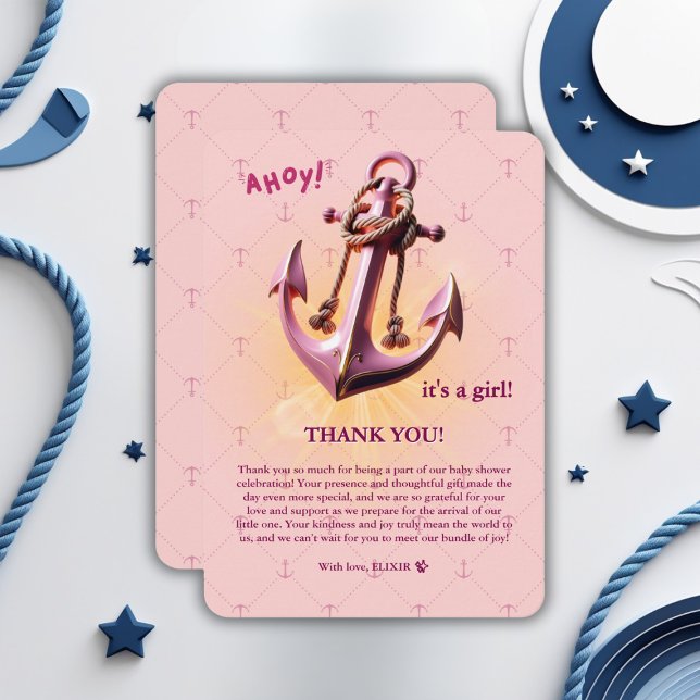 Modern Pink Ahoy! Anchor Nautical Baby Shower Thank You Card (Creator Uploaded)