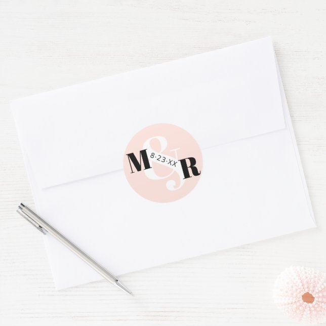 Modern Pink Ampersand Monogram Wedding Envelope Classic Round Sticker (Envelope)