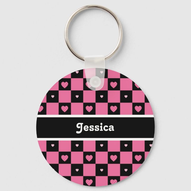 Modern Pink and Black Chequered Hearts With Name Key Ring (Front)