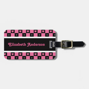 Modern Pink and Black Chequered Hearts With Name Luggage Tag