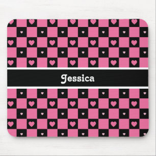 Modern Pink and Black Chequered Hearts With Name Mouse Mat