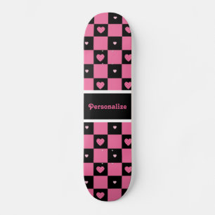 Modern Pink and Black Chequered Hearts With Name Skateboard