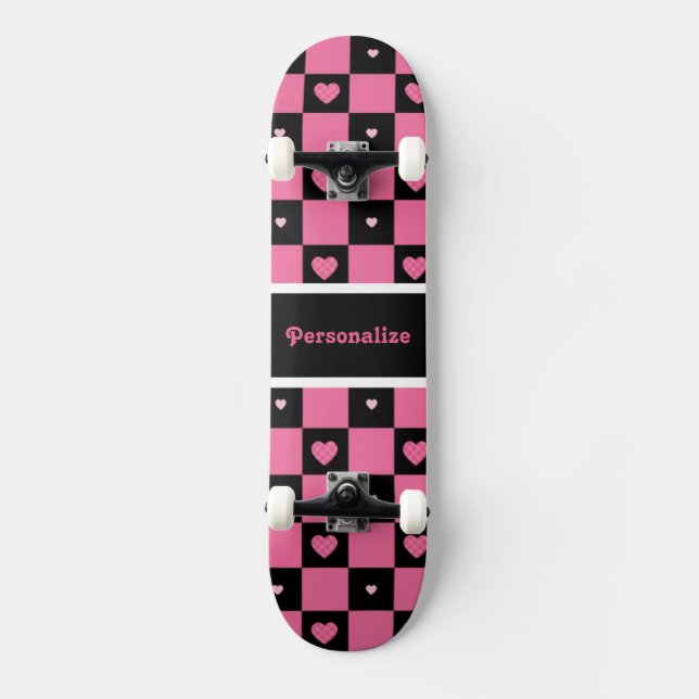 Modern Pink and Black Chequered Hearts With Name Skateboard (Front)
