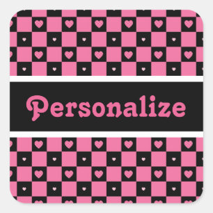 Modern Pink and Black Chequered Hearts With Name Square Sticker