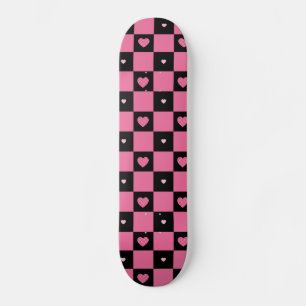 Modern Pink and Black Chequered Pattern Girly Skateboard