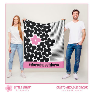 Modern Pink and Black Floral Dorm Room Fleece Blanket