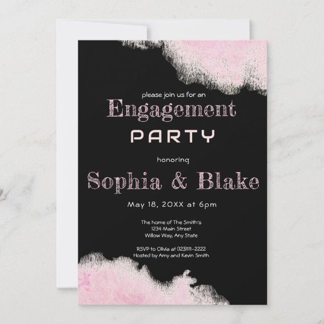 Modern Pink and Black Fun Engagement Party  Invitation (Front)