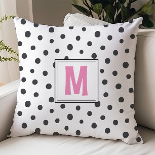 Modern Pink and Black Polka Dot Monogram Dorm Room Cushion