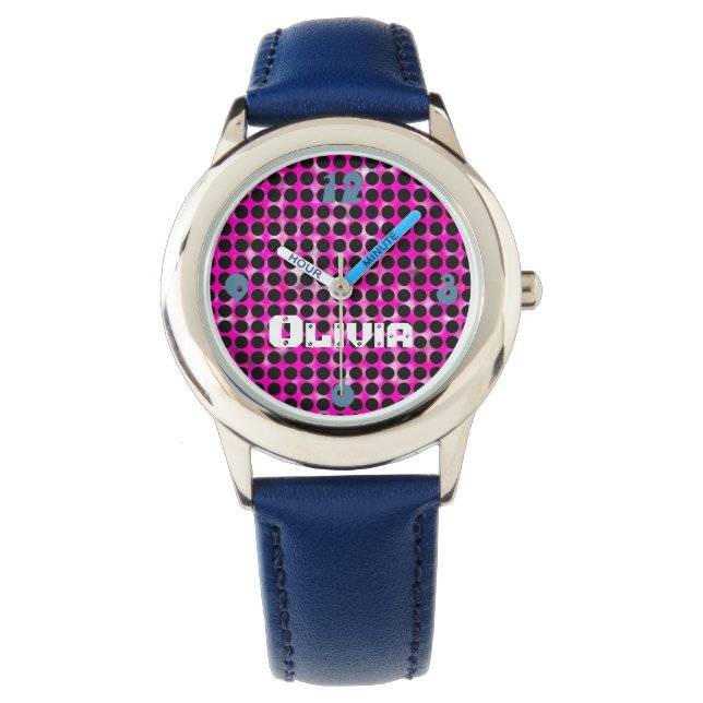 Modern Pink and Black Pop Art Personalised Watch (Front)
