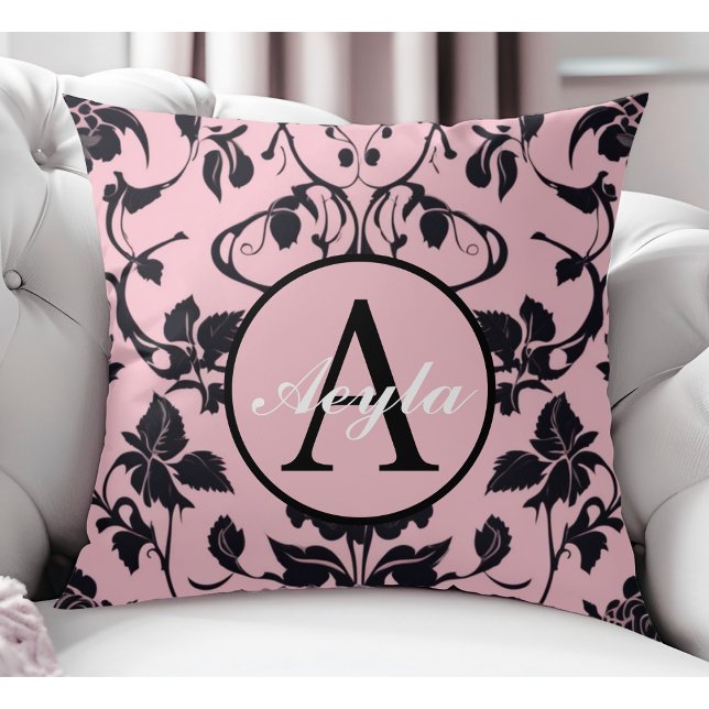 Modern Pink and Black Rose Damask Monogram Cushion (Creator Uploaded)
