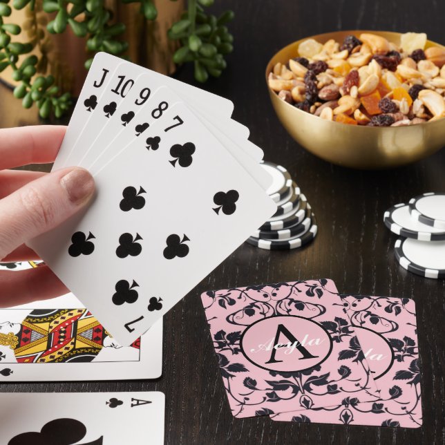 Modern Pink and Black Rose Damask Monogram Playing Cards (In Situ)