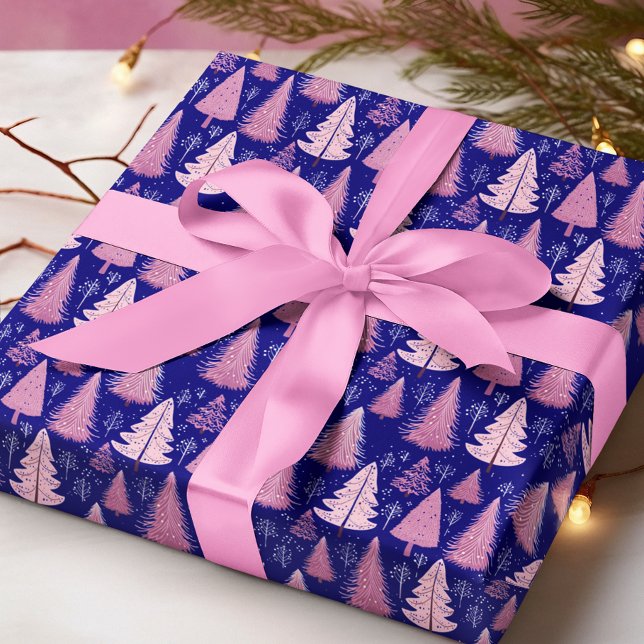 Modern Pink and Blue Christmas Tree  Wrapping Paper (Creator Uploaded)