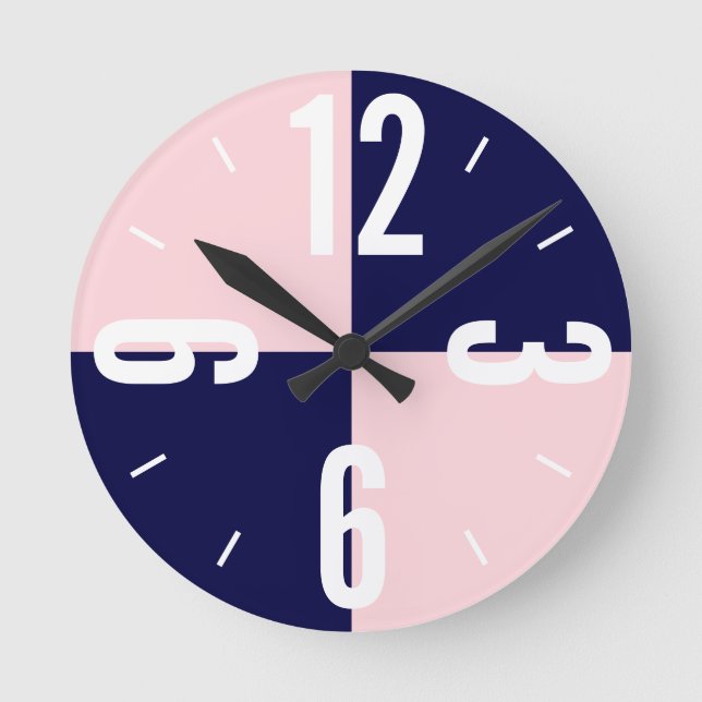 Modern pink and blue colour blocks large numbers round clock (Front)
