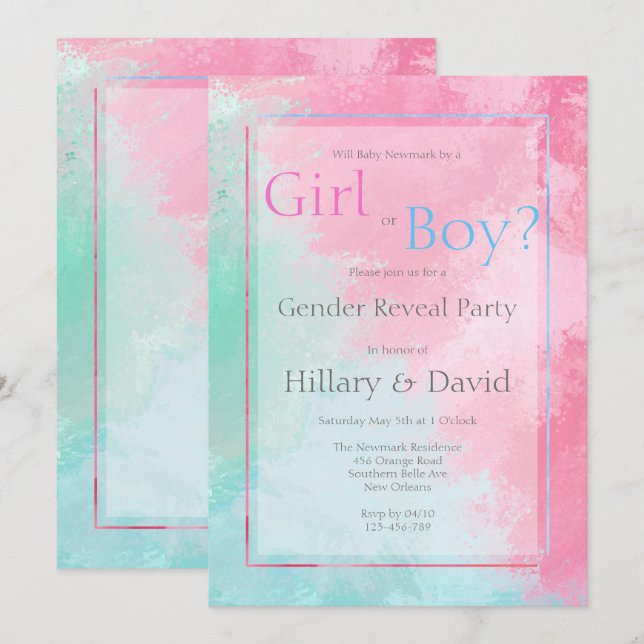Modern Pink and Blue Gender Reveal Invitation (Front/Back)