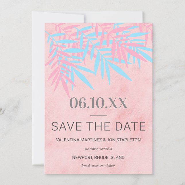 Modern Pink and Blue Palm Tree Trendy Save The Date (Front)