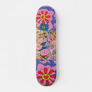 Modern pink and blue watercolor girl with flowers skateboard