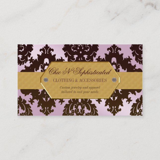 Modern Pink and Brown Damask Business Card (Front)
