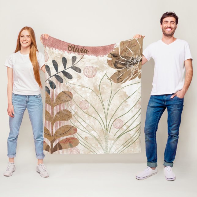 Modern Pink and Brown Leaf Custom Design Fleece Blanket (In Situ)