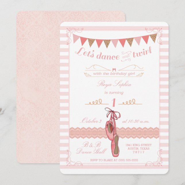 Modern Pink and Gold Ballerina Birthday Invitation (Front/Back)