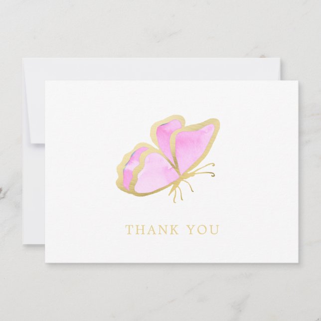 Modern Pink and Gold Butterfly Elegant Thank You Card (Front)