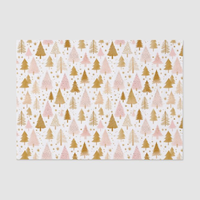 Modern Pink and Gold Christmas Tree Pattern Tissue Paper (Front)