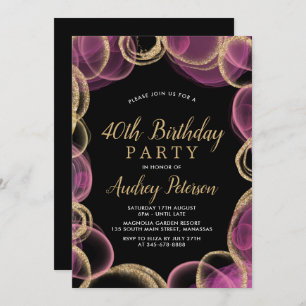 Modern Pink and Gold Circle Black 40th Birthday Invitation