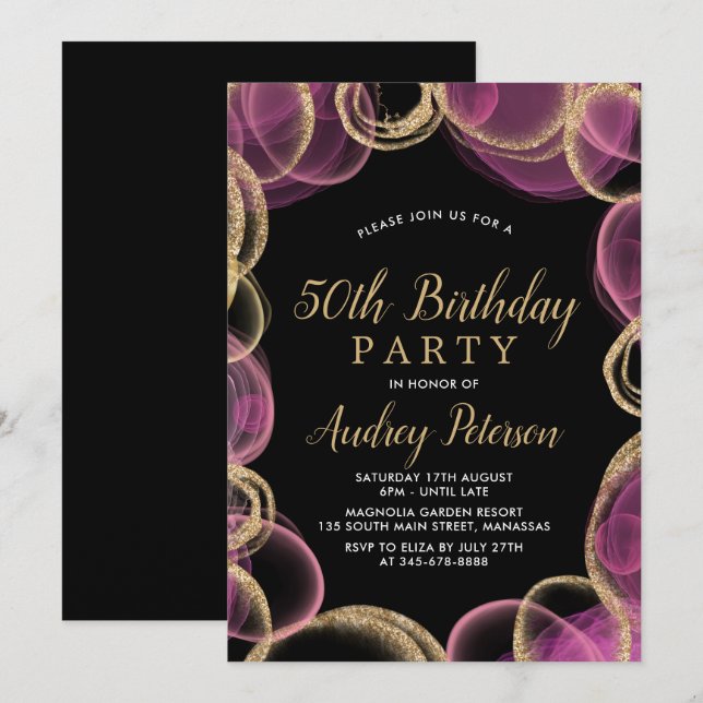 Modern Pink and Gold Circle Black 50th Birthday Invitation (Front/Back)