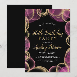 Modern Pink and Gold Circle Black 50th Birthday Invitation