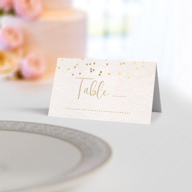Modern Pink and Gold Confetti Wedding Place Card (A pretty pink place card with space for your table number and handwritten name & message inside)