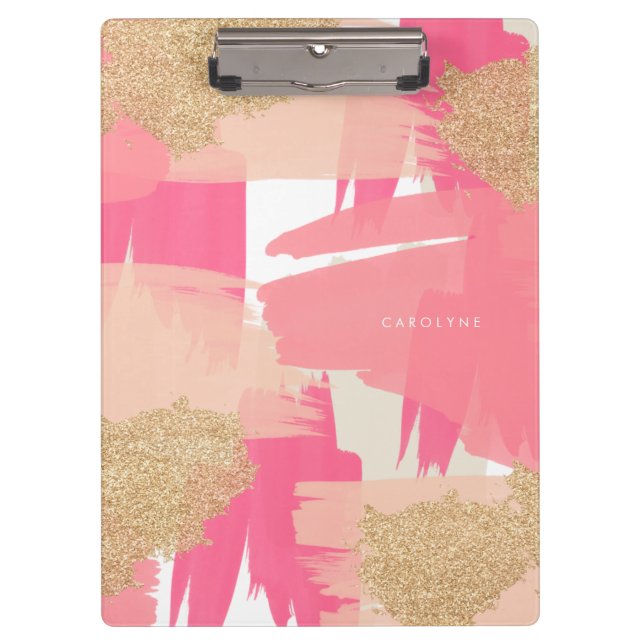 Modern Pink and Gold Glitter Abstract Pattern Clipboard (Front)