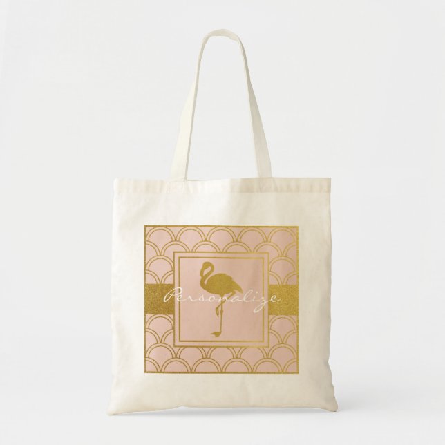 Modern Pink and Gold Glitter Flamingo Tote Bag (Front)