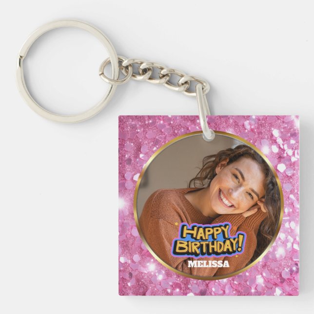 Modern Pink and Gold Glitter Photo Name Birthday Key Ring (Front)
