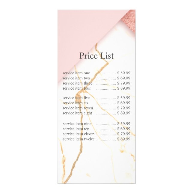 Modern Pink and Gold Marble Pricing Rack Card (Front)