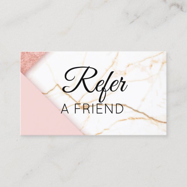 Modern Pink and Gold Marble Refer a Friend Referral Card (Front)