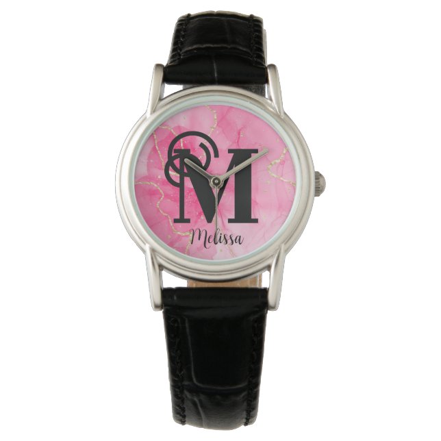 Modern Pink and Gold Marbled Monogram Name Watch (Front)