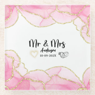 Modern Pink and Gold Mr and Mrs Glass Coaster