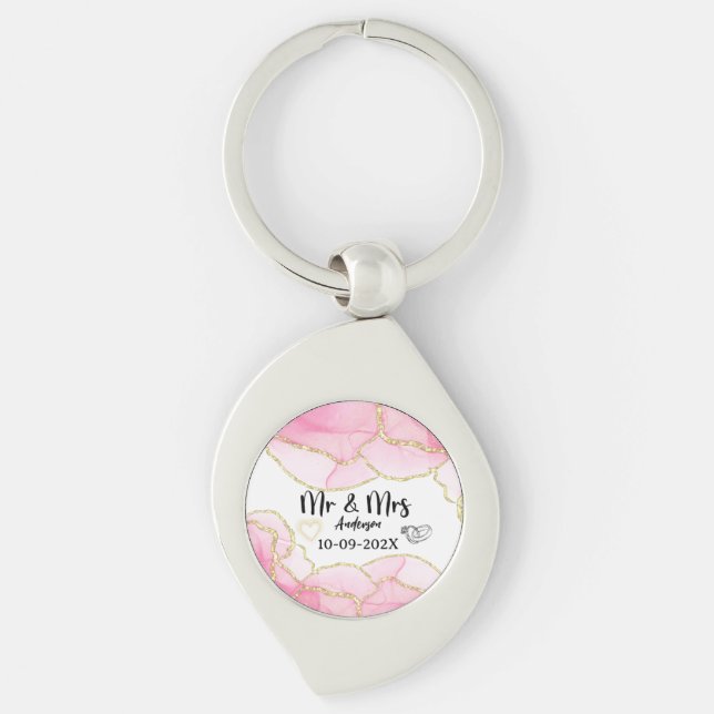 Modern Pink and Gold Mr and Mrs Key Ring (Front)