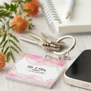 Modern Pink and Gold Mr and Mrs Key Ring