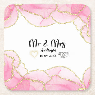 Modern Pink and Gold Mr and Mrs Square Paper Coaster