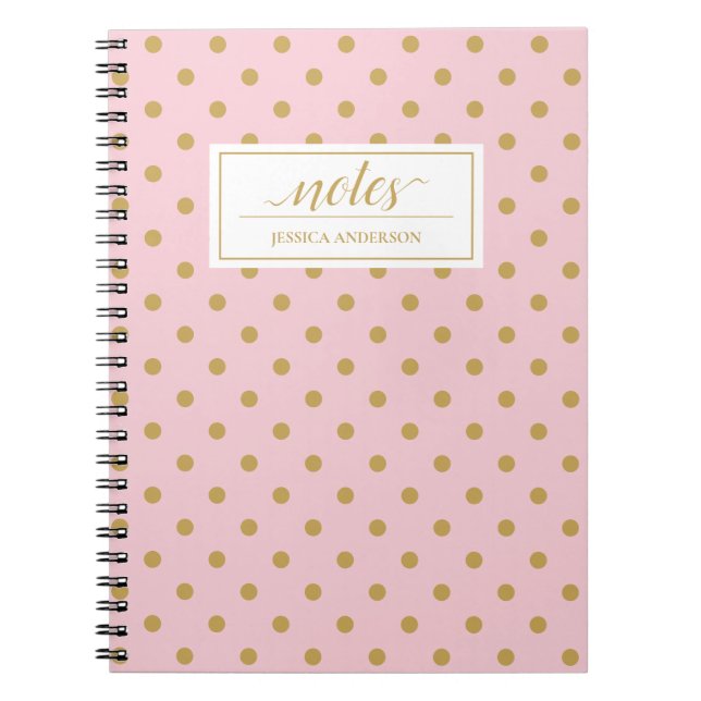 Modern Pink And Gold Polka Dots Pattern Name Notebook (Front)